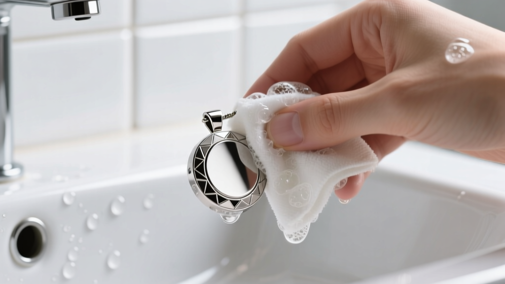 Hands wiping a titanium-encased magnetic pendant with a damp microfiber cloth, mild soap suds visible, bright bathroom lighting.
