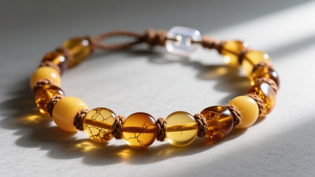 Macro photograph of a genuine raw Baltic amber baby necklace with individually knotted brown cotton thread and a plastic safety clasp