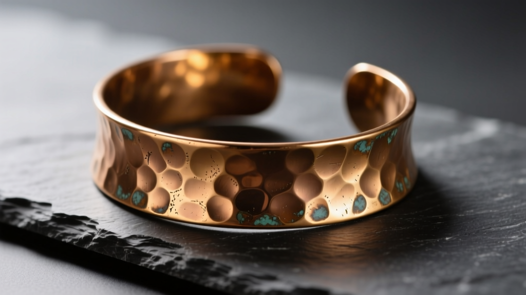 Macro shot of a hammered bronze cuff bracelet on dark slate, showing warm golden-brown metallic tones and subtle edge oxidation.
