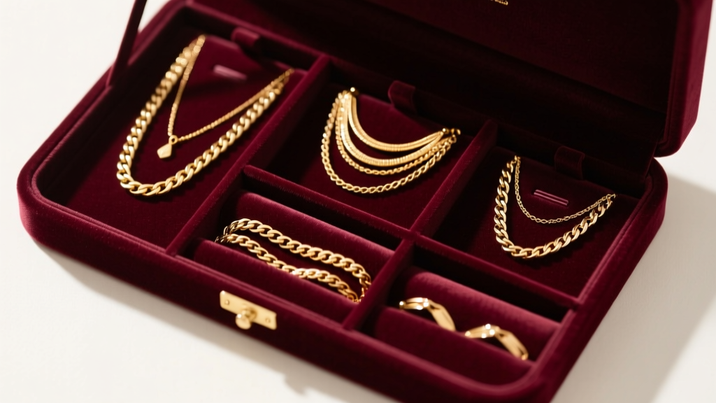 Top-down view of an anti-tarnish velvet jewelry box with separate slots holding layered gold necklaces to prevent chain tangling.
