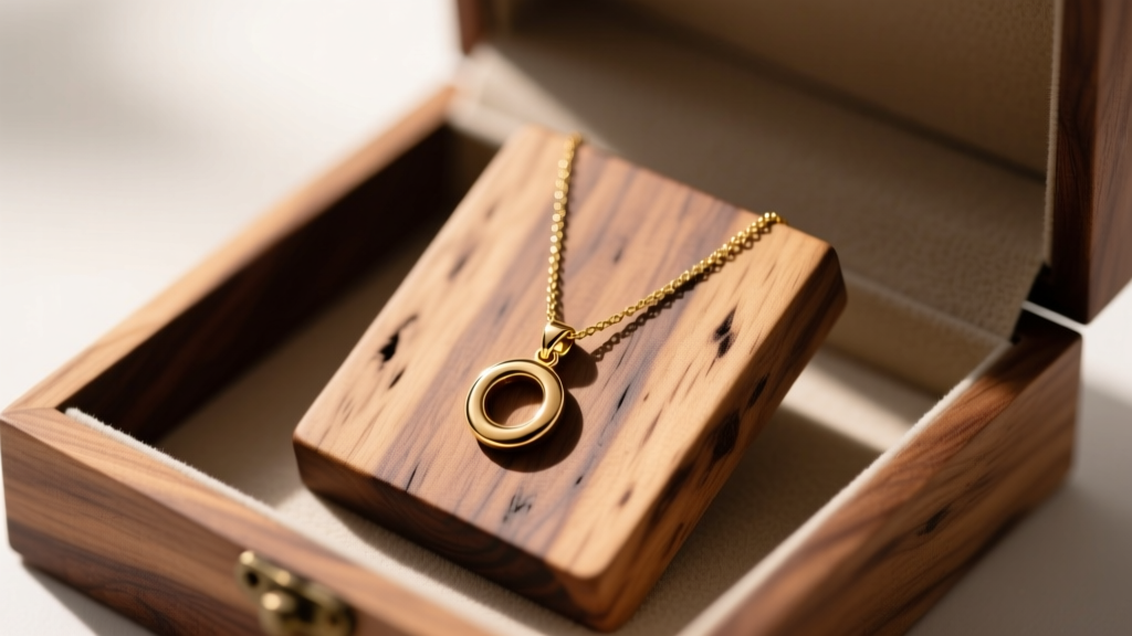 Gold pendant necklace resting on a handcrafted walnut wood necklace display inside an open gift box under soft natural lighting