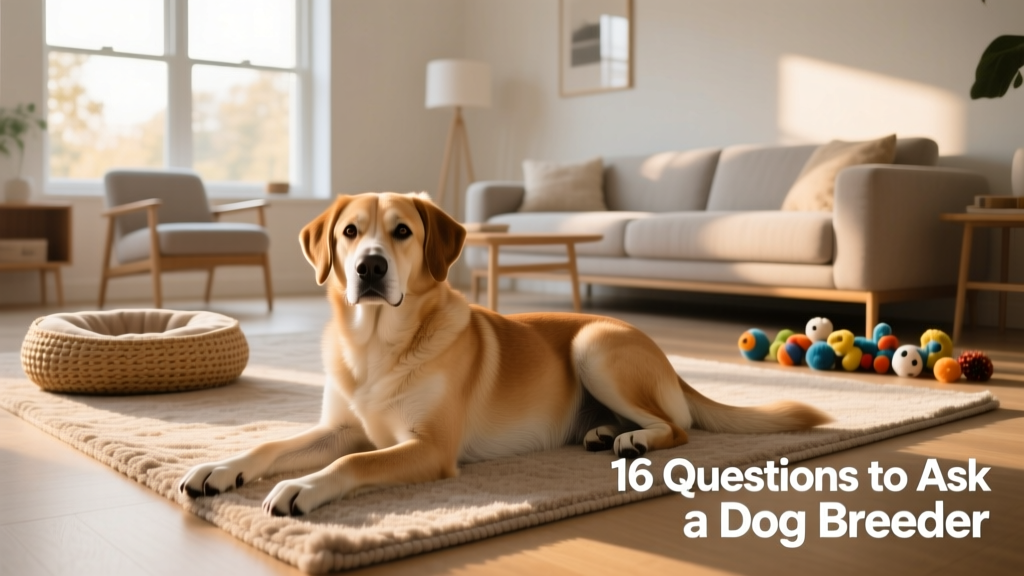 A calm, well-cared-for adult dog resting comfortably beside a clean, spacious living area