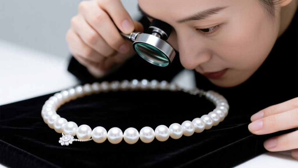Jeweler inspecting a high-luster white Akoya pearl necklace with a loupe on black velvet under bright studio lighting.