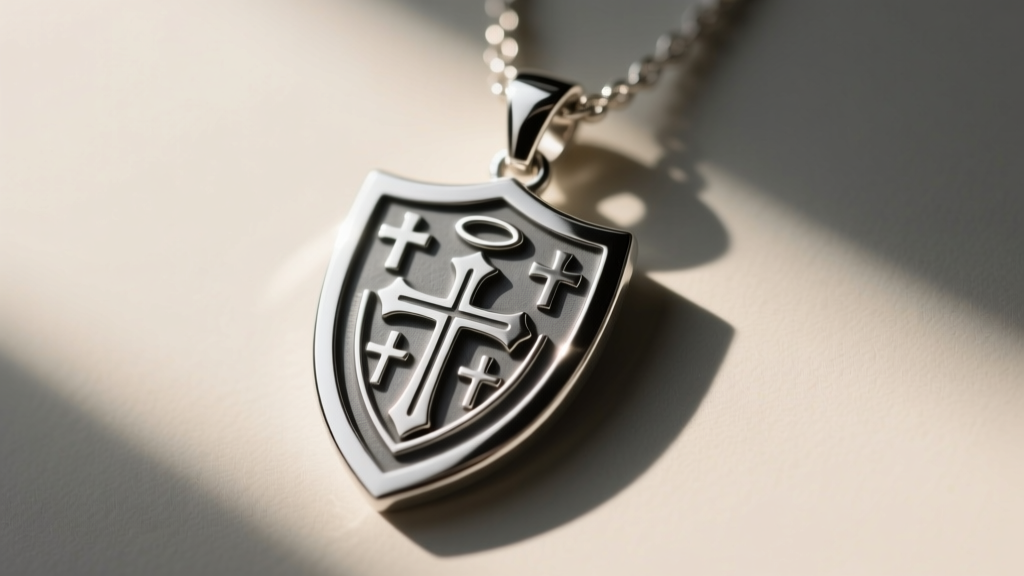 Close-up of an armour of god necklace pendant in sterling silver, showing a shield motif on slate with dramatic side lighting.