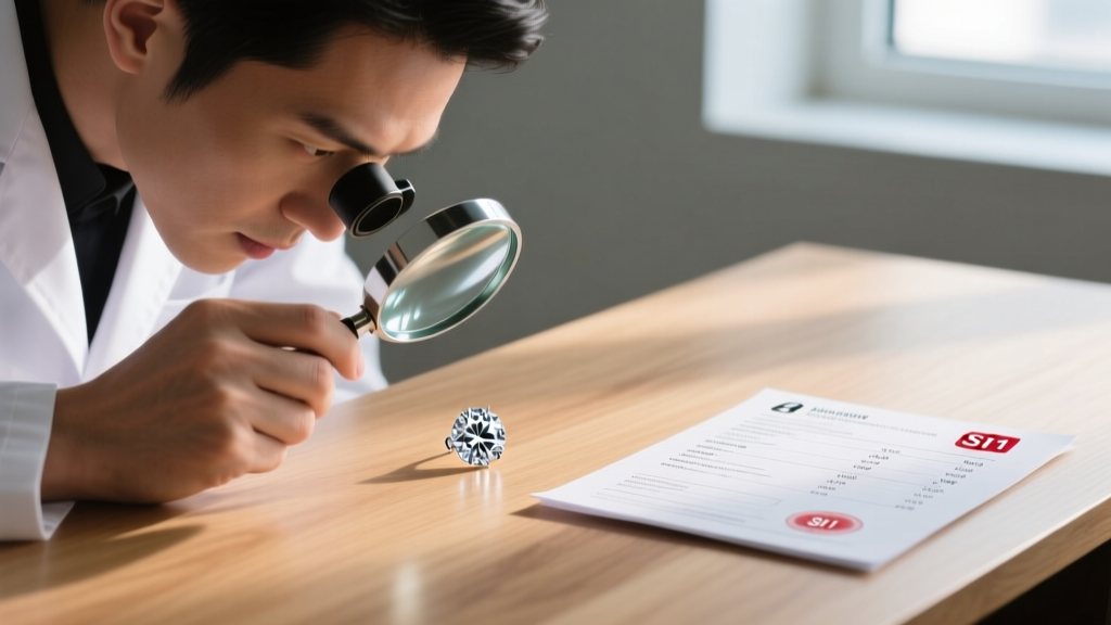 Jeweler examining an SI1 clarity diamond earring with a loupe, placed next to a gemological grading report on a clean wooden desk
