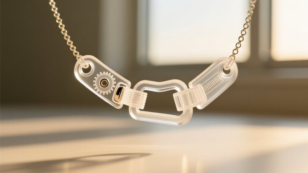 Close-up of a plastic breakaway safety clasp on a nursing necklace, showing the interlocking mechanism and tension release point.