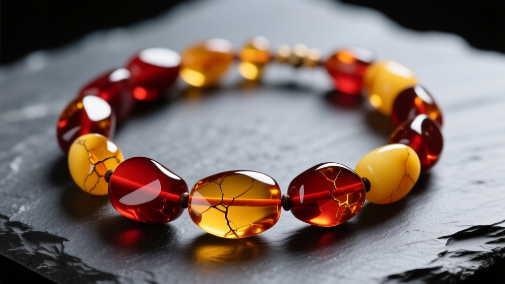 Close-up of a vintage Tibetan amber necklace with large, irregular cherry-red and honey-yellow resin beads resting on dark slate.
