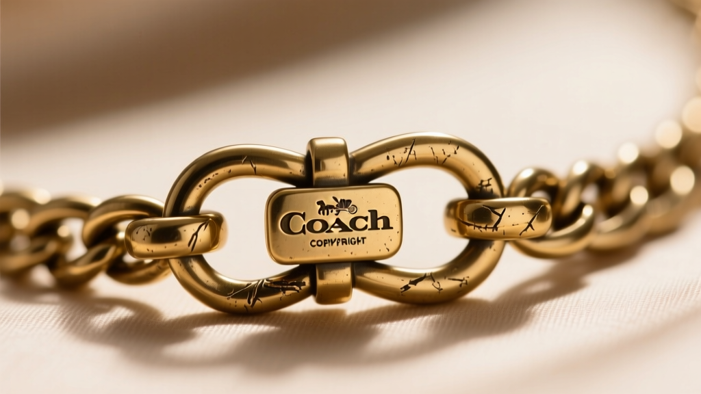 Macro close-up of a vintage Coach chain necklace lobster clasp showing the deeply stamped copyright Coach hallmark on brass