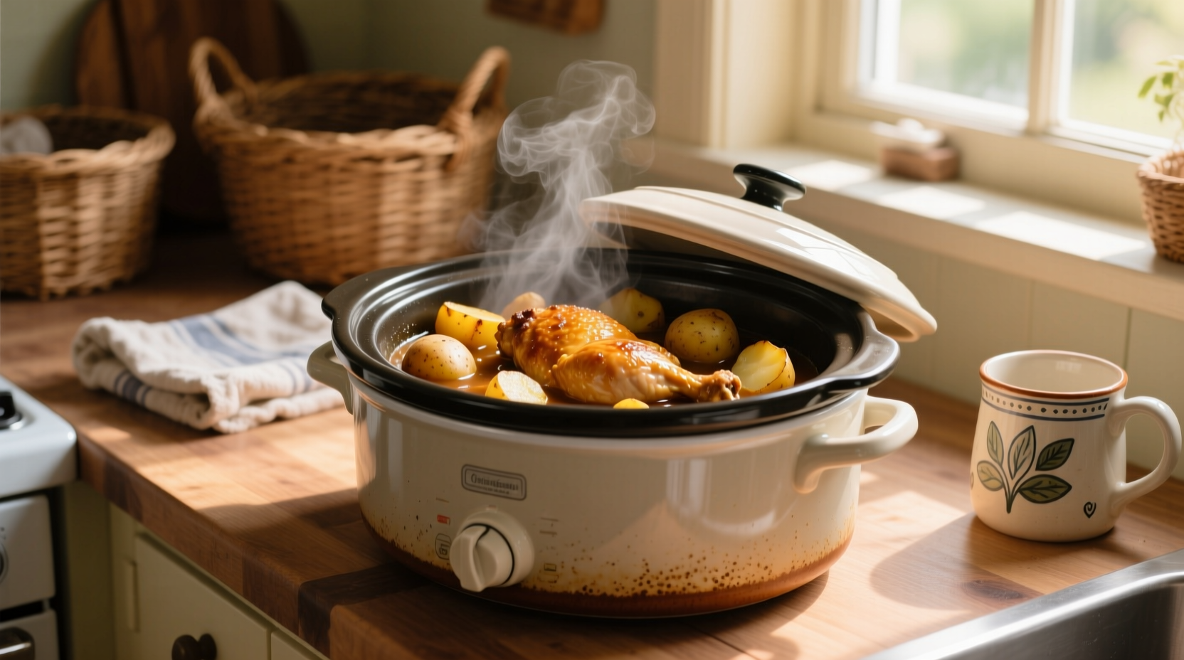 Slow cooker with chicken and potatoes