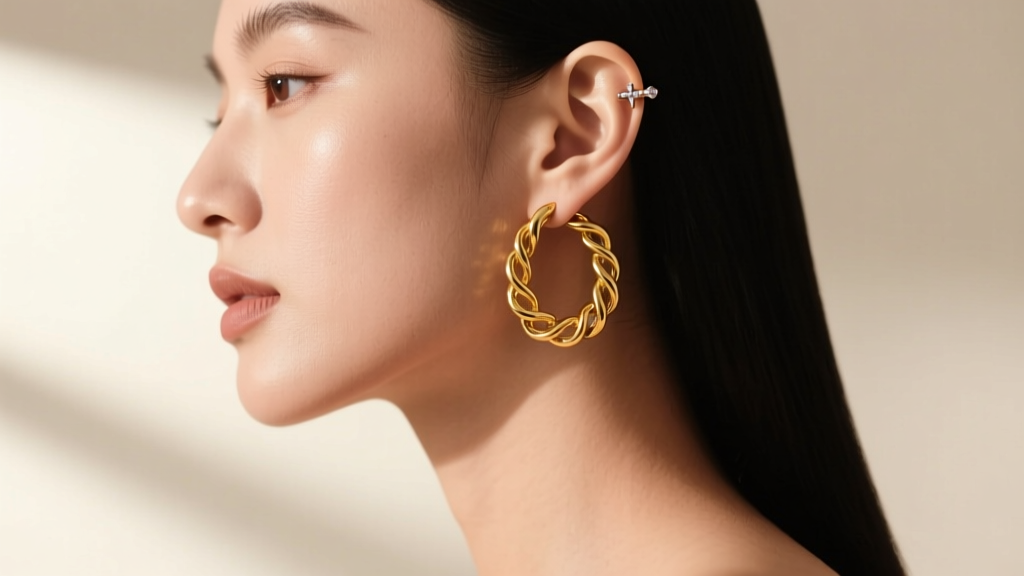 Side profile showing a gold ear chain connecting a heavy oversized hoop earring to a small cartilage stud on the upper ear lobe.