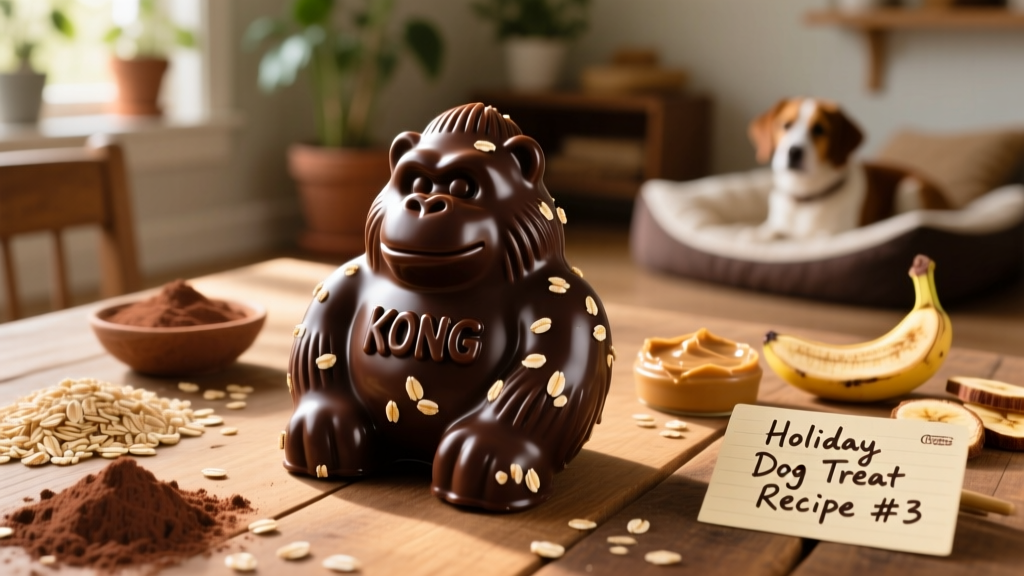 A finished KONG with a glossy, dark carob topping and visible oatmeal specks