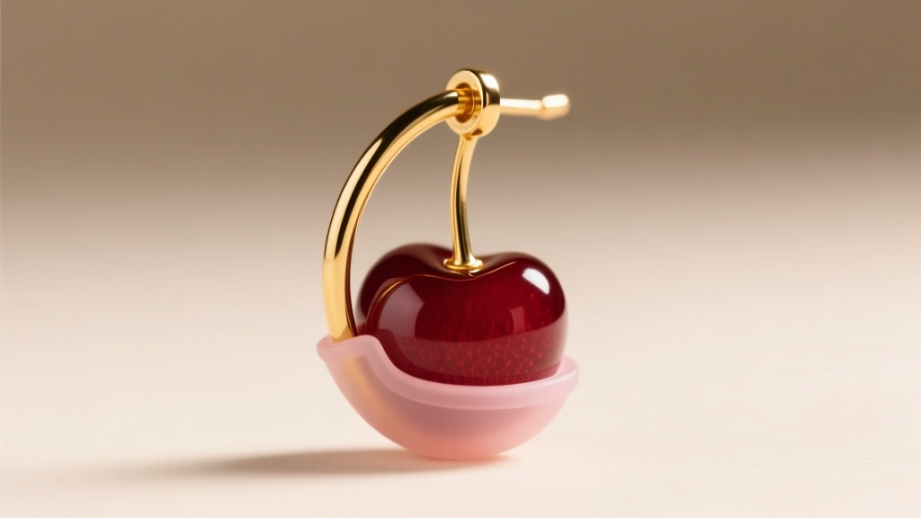 Macro shot of a cherry earring post highlighting a thick 18-gauge gold wire and secure silicone clutch backing against soft light.