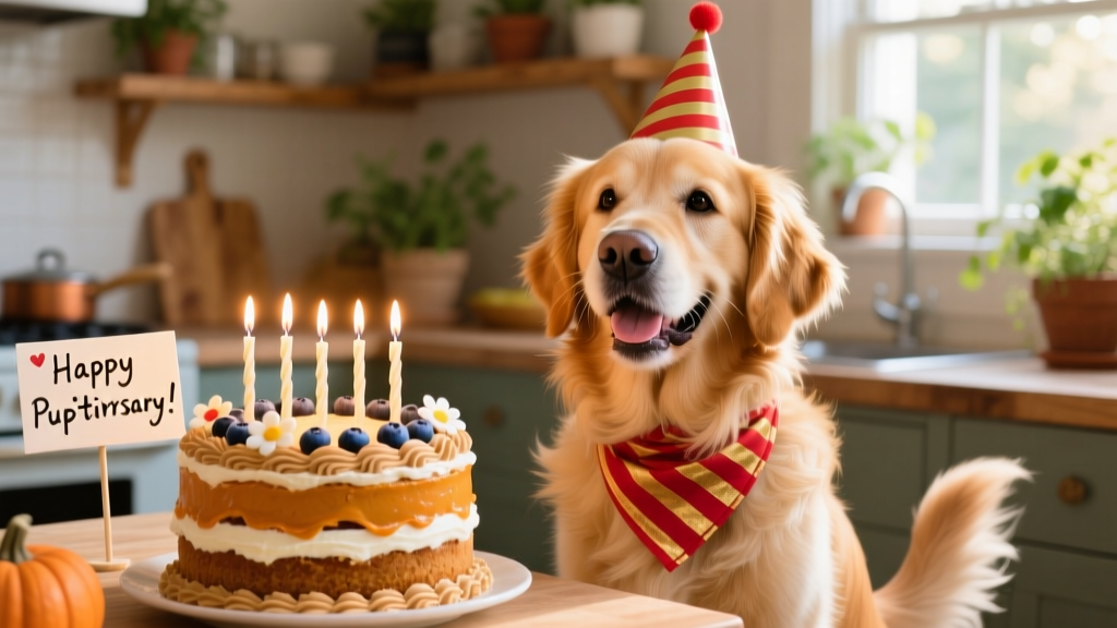 A happy dog wearing a festive birthday bandana and hat, sitting beside a decorated dog birthday cake with lit candles