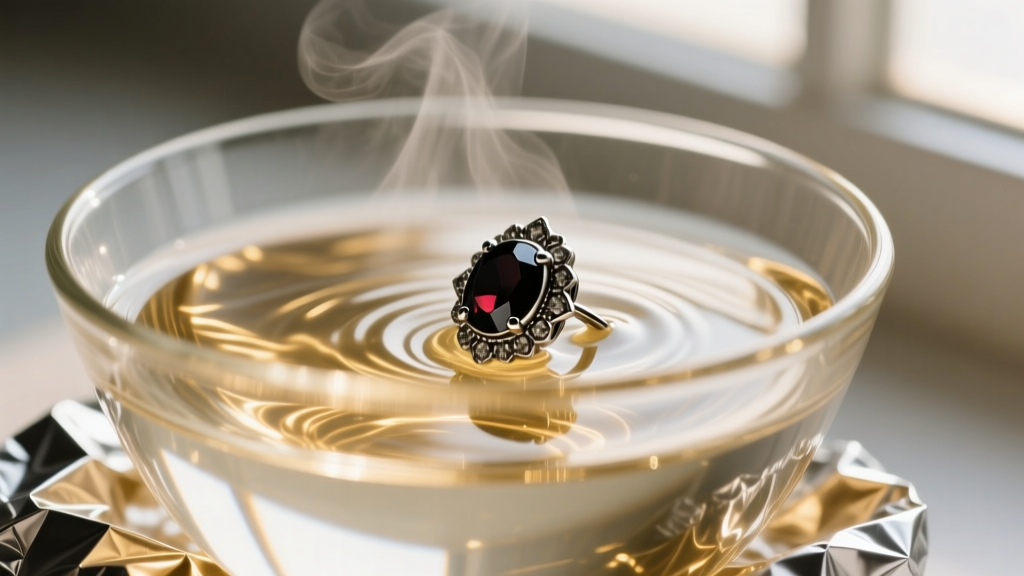 Close-up of a glass bowl lined with foil and hot water, where a silver garnet earring soaks to remove heavy black tarnish