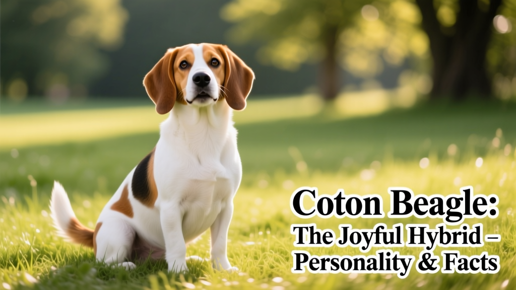 A happy, medium-sized Coton Beagle sitting on grass, showing its fluffy white-and-tan coat and alert, friendly expression