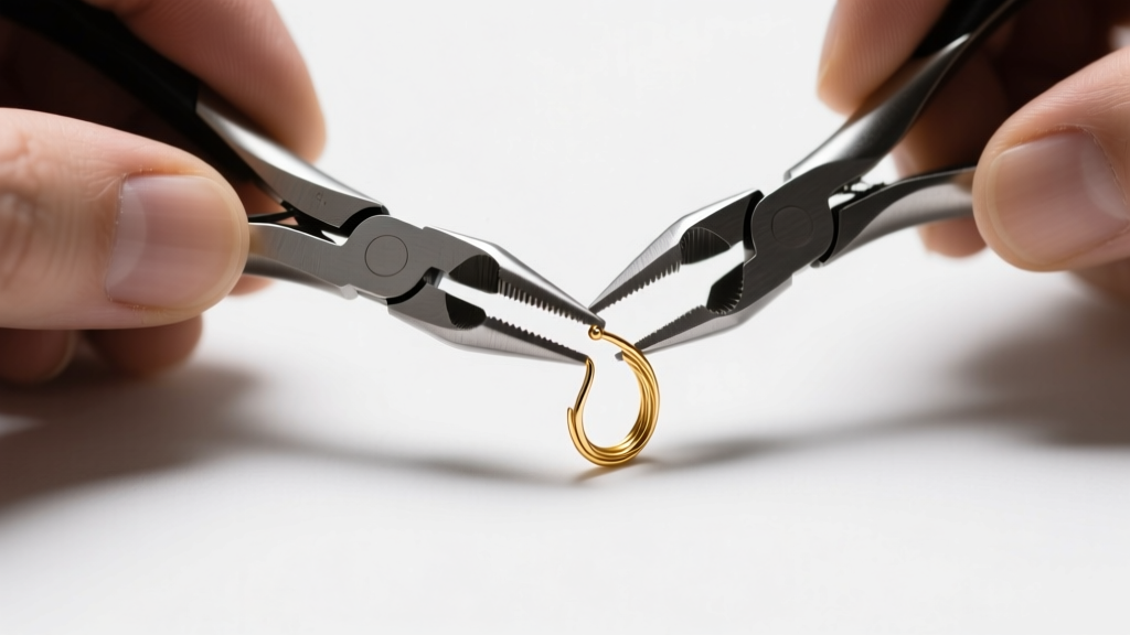 Macro photo of a jeweler using nylon-jaw pliers to carefully straighten a bent 20-gauge gold earring post under bright light.