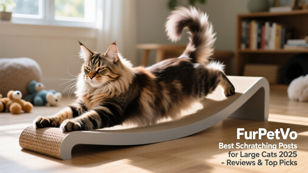 Senior Maine Coon comfortably using FurPetVo Low-Profile Ramp Scratcher, showing relaxed posture and full-body stretch