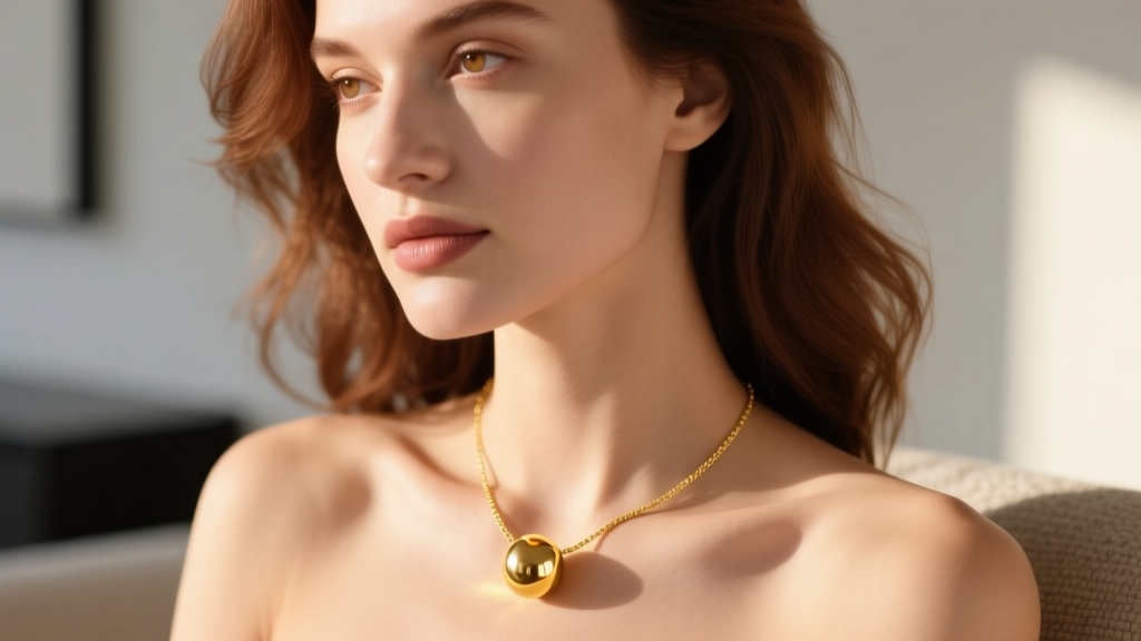 Close-up of a woman wearing a delicate 14k solid gold spherical bauble necklace resting on her collarbone in warm sunlight.
