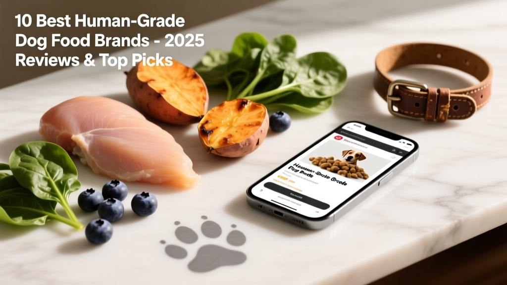 Close-up of fresh, colorful dog food ingredients like lean chicken, sweet potatoes, blueberries, and spinach arranged on a clean white surface