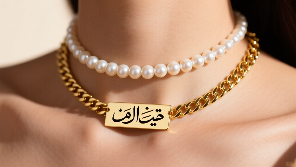 Close-up of a collarbone showing a 40cm 14k gold box chain holding a custom Arabic nameplate layered with a delicate pearl choker