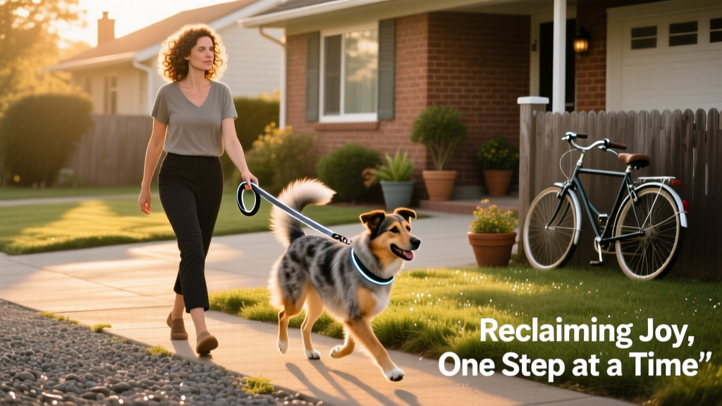 Brooke walking slowly down her driveway with Dray confidently trotting ahead, connected by the new adaptive leash