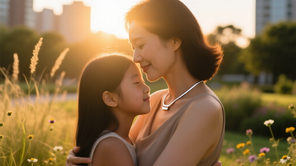 Mother and daughter softly embracing, the daughter wearing a modern minimalist bar necklace, shot in golden hour cinematic light