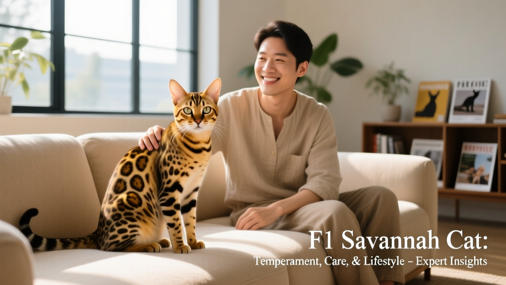 A relaxed F1 Savannah cat sitting beside its human companion on a sunlit sofa, both looking calmly at the camera