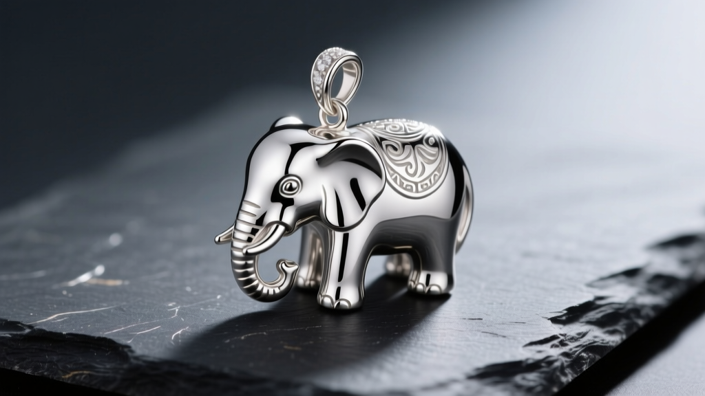 Close-up of a polished 925 sterling silver elephant pendant necklace resting on a dark slate surface with soft directional lighting