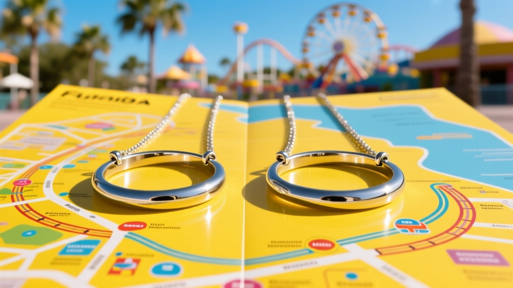 Close-up of matching stainless steel crew necklaces resting on a bright yellow theme park map under sunny Florida outdoor lighting