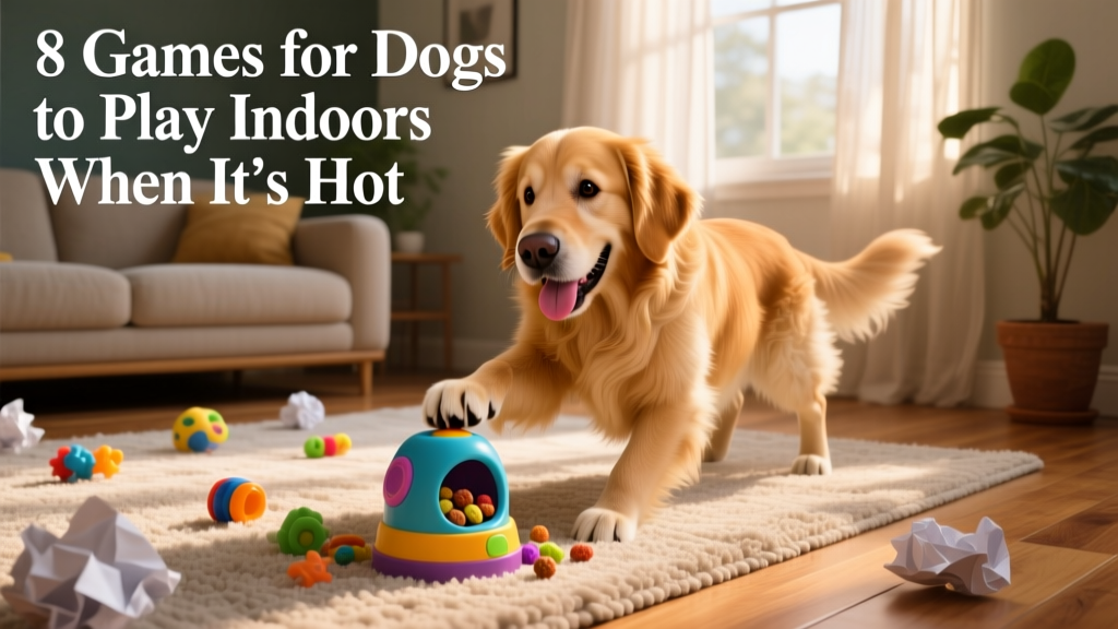 A golden retriever happily playing with a treat-dispensing toy on a living room rug