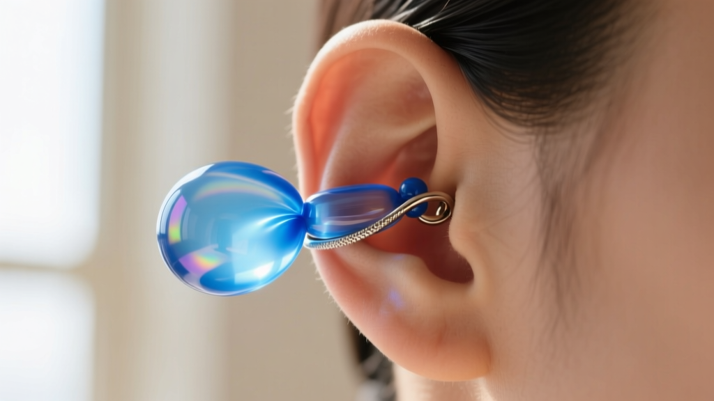 Macro shot of a blue resin balloon dog ear cuff on the upper helix, showing the adjustable tension band and glossy surface