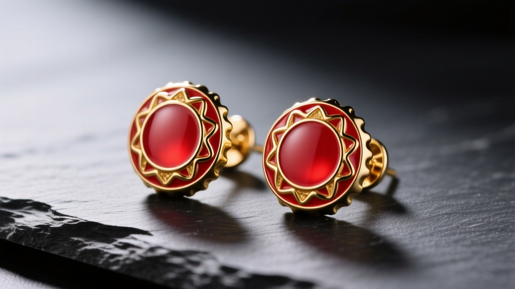 Vibrant red and gold hard enamel bottle cap stud earrings displayed on a dark slate surface with soft directional studio lighting
