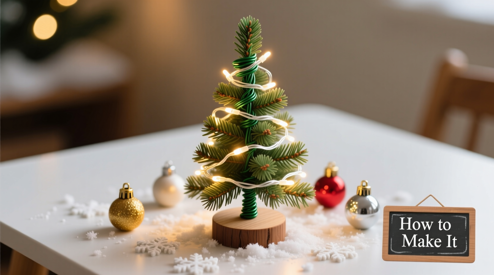 how to make a mini tabletop christmas tree with string lights