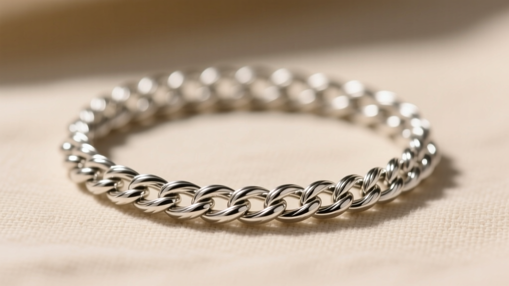Macro shot of a 3mm sterling silver rope chain twisting against soft beige linen, showcasing the intricate braided metal texture