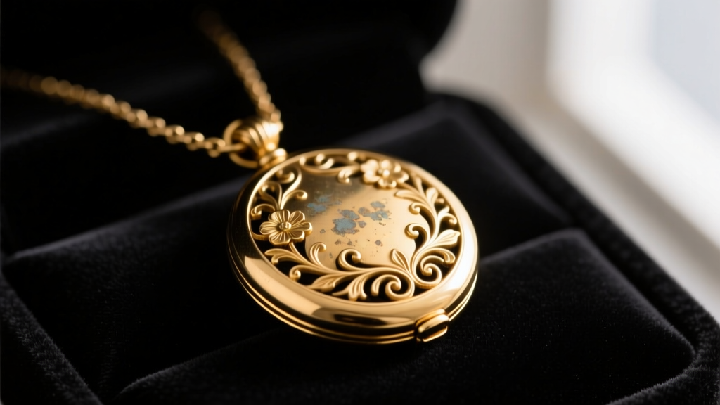 Antique 18k gold locket necklace on dark velvet, soft light highlighting engraved floral motifs and subtle patina in crevices.