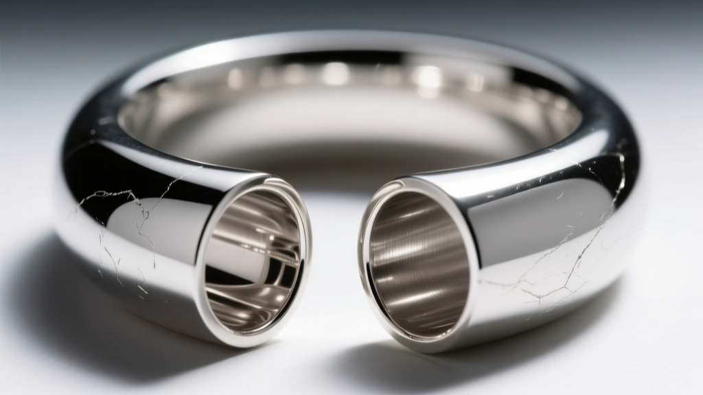 Macro photo of a hollow tube extra large sterling silver hoop cut open, revealing the interior cavity and precise metal wall thickness