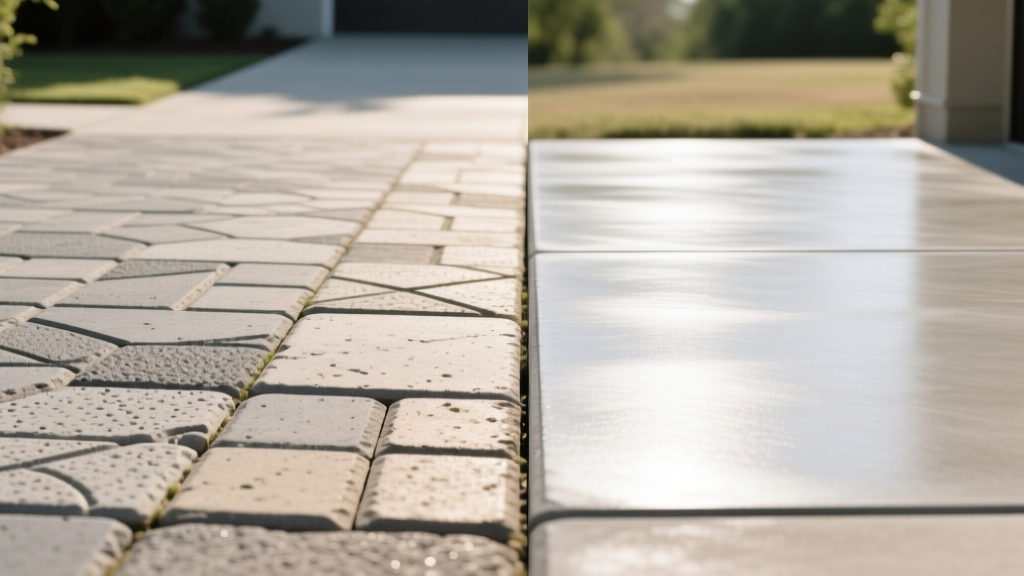 Split-view comparison of a textured concrete paver driveway on the left and a smooth poured concrete slab on the right in bright sunlight