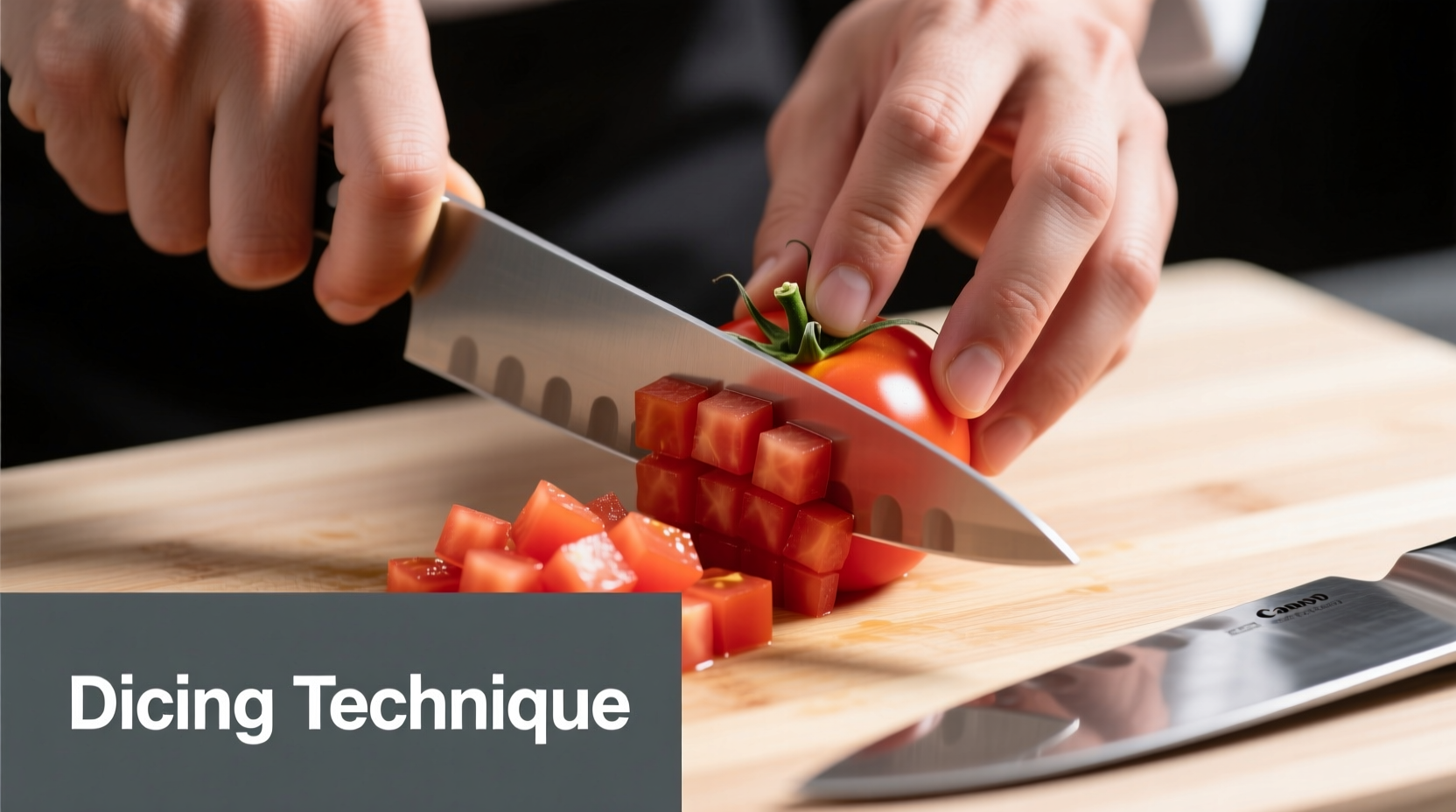 Chef's hand demonstrating proper tomato dicing technique
