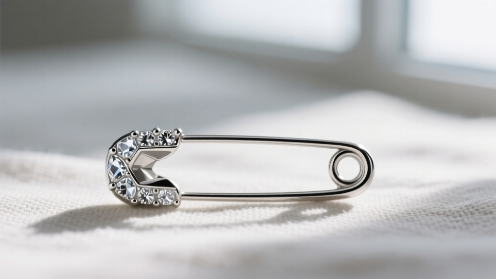 Macro shot of a sterling silver safety pin pendant with cubic zirconia accents against a soft neutral linen background in daylight