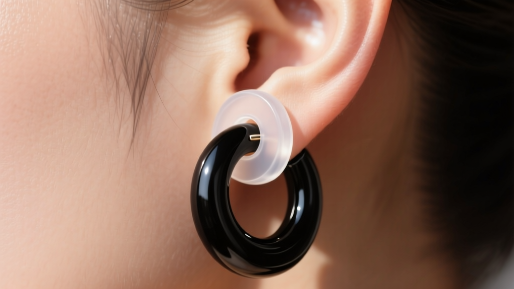Macro shot of a clear silicone earring support patch stabilizing a heavy black enamel hoop on an earlobe, bright natural lighting.