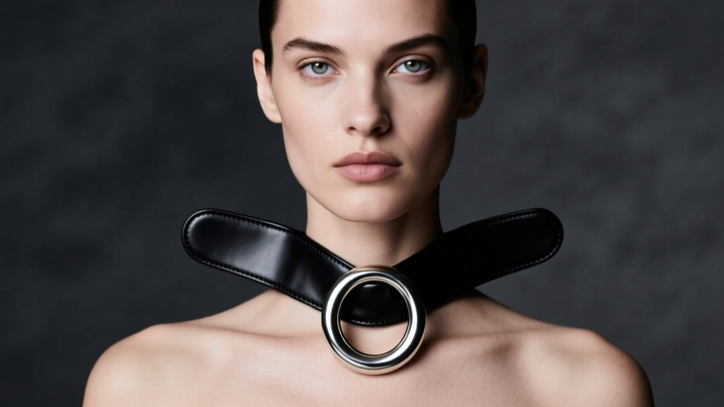 Fashion portrait of a model wearing a wide black vegan leather dog collar necklace with a heavy silver O-ring against a dark backdrop