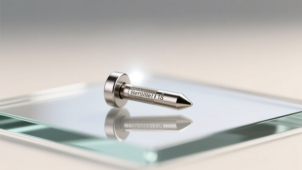 Macro photography of a sterile 18-gauge titanium earring post resting on a pristine glass surface under bright studio lighting
