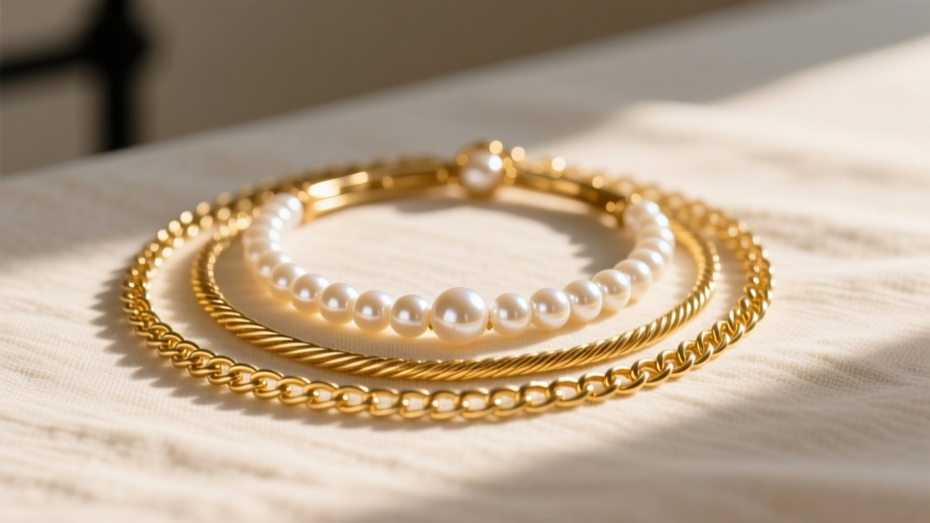 Layered 14k gold cable chains and a freshwater pearl choker resting on a textured cream linen surface in warm, natural sunlight