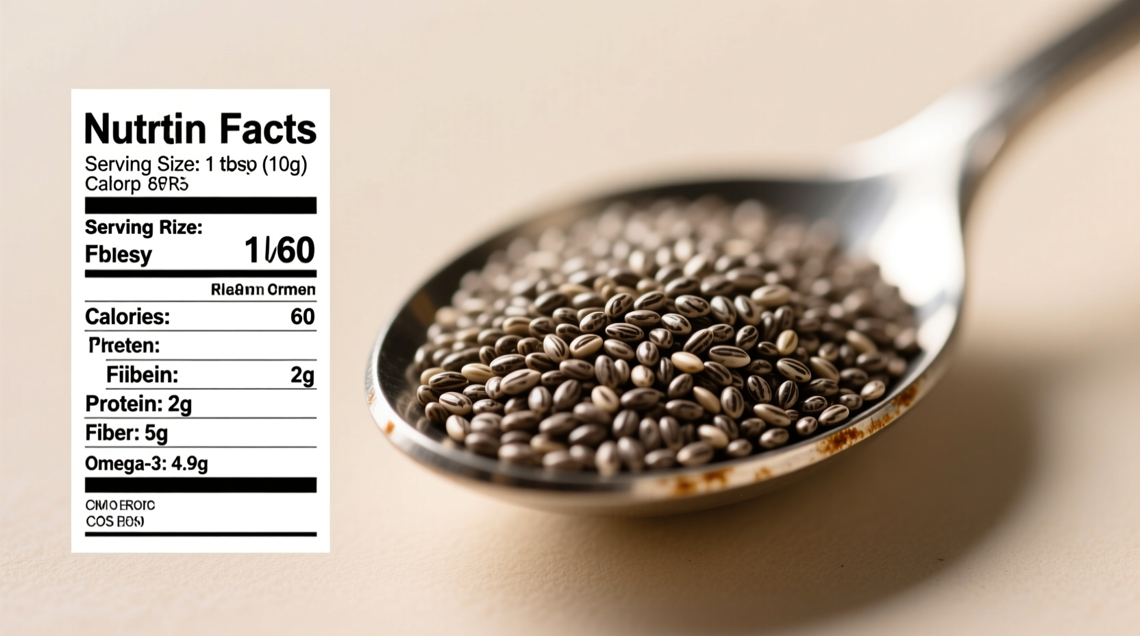 Chia seeds in tablespoon next to nutrition facts