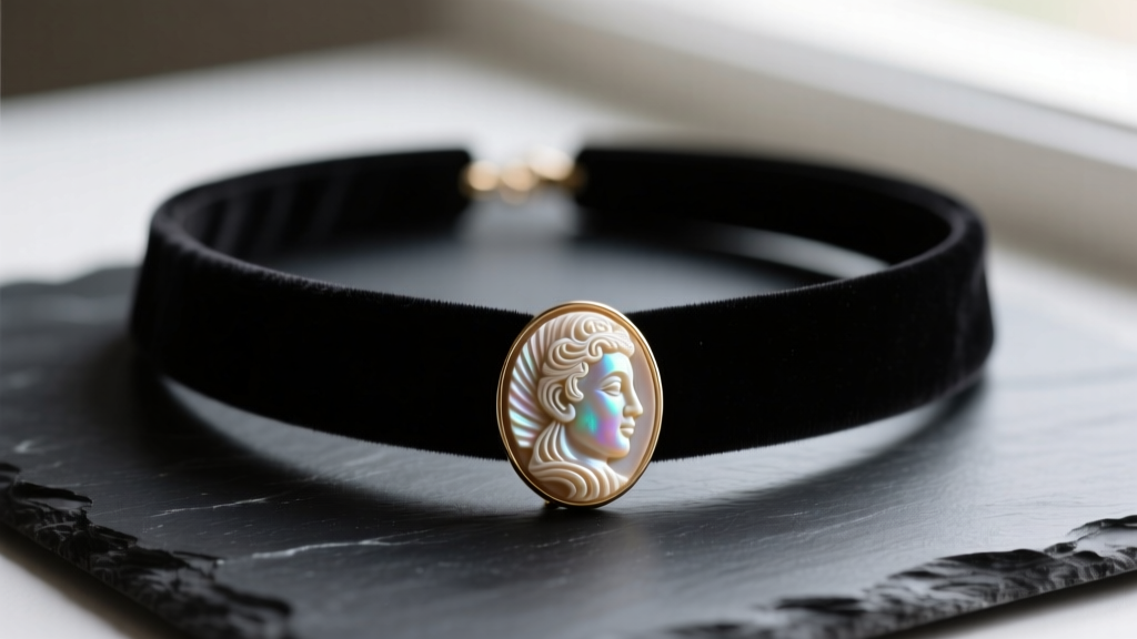 Close-up of a vintage-style black velvet choker necklace featuring a detailed carved shell cameo pendant, resting on dark slate.