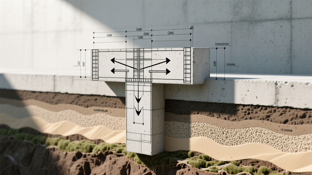 Cross-section blueprint overlaying a poured concrete T-shaped frost wall foundation with structural load arrows and soil strata