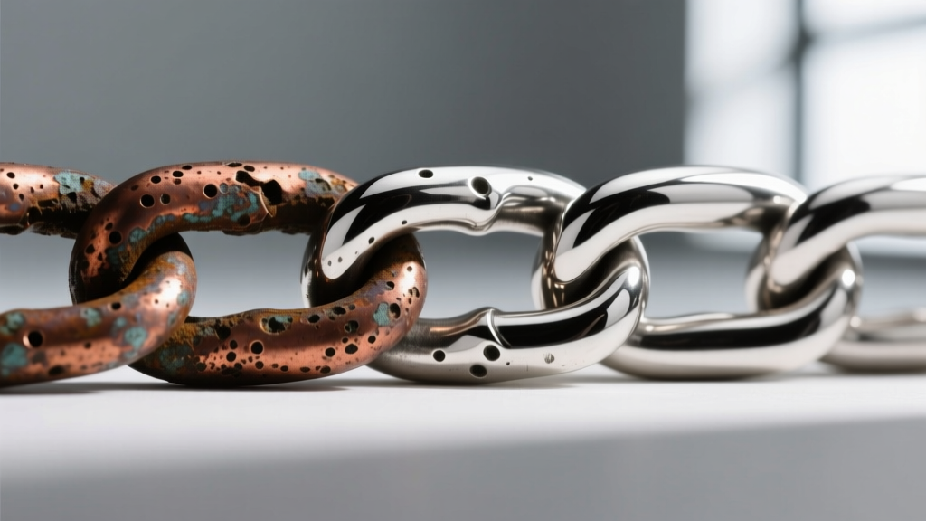 Macro shot of tarnished 925 silver chain links next to a polished section, showing copper oxidation contrast on the metal surface