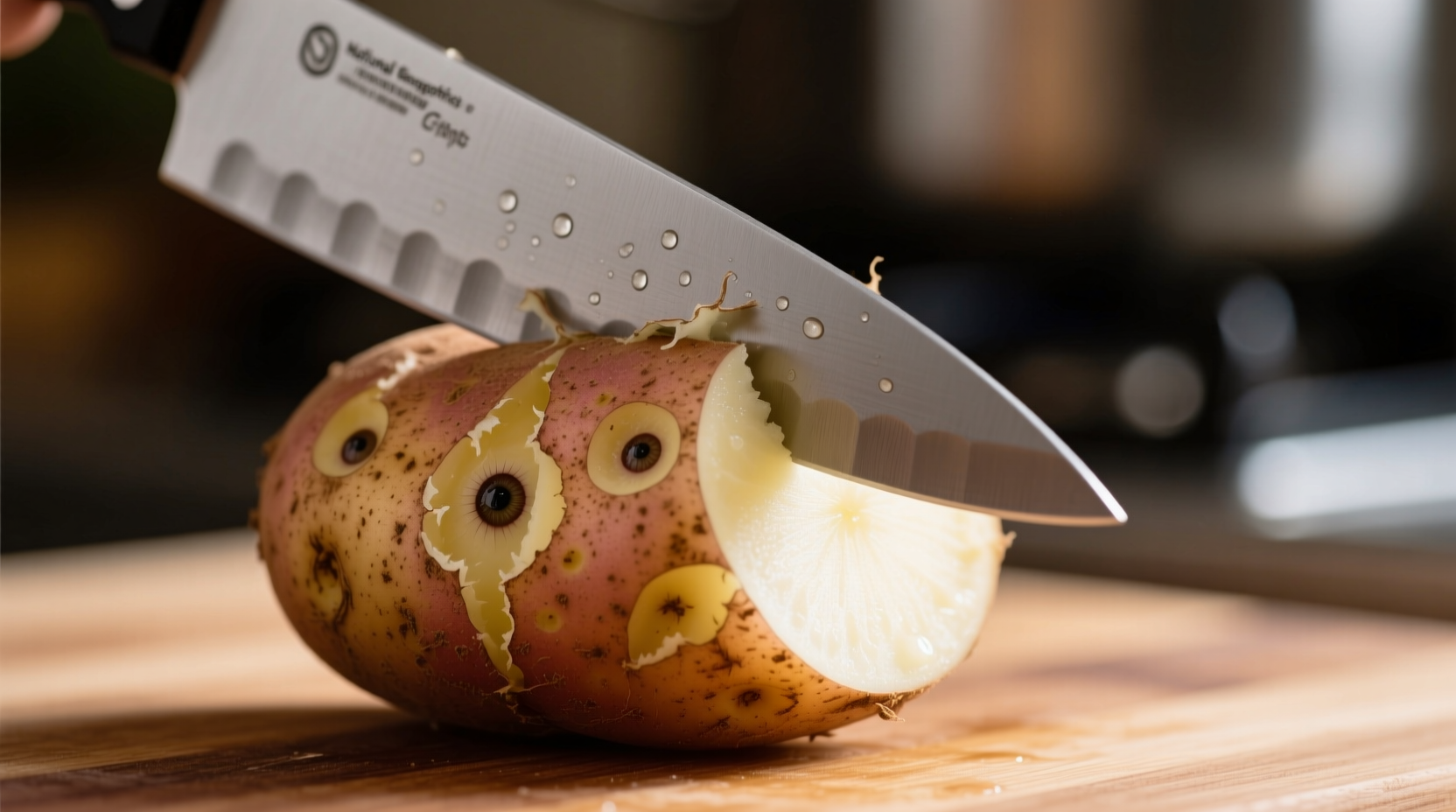 Close-up of potato eyes being carefully removed with a knife
