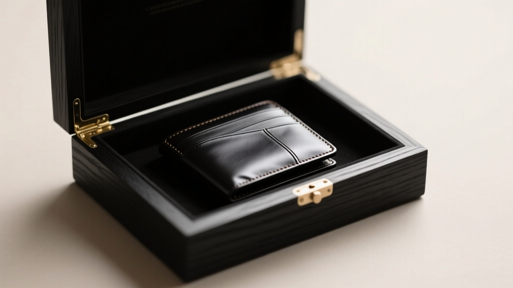 Open matte black wooden box showing a men