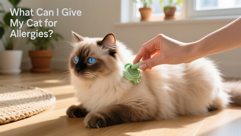 Hand applying a soothing mousse to a cat’s shoulder area, demonstrating easy, stress-free topical application